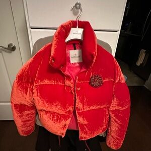 Red suede moncler bomber jacket